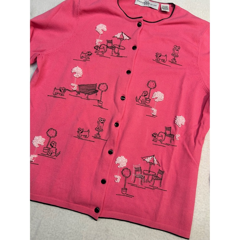 Marisa Christina Pink Poodle Embroidered Cardigan Sweater Women Medium Novelty
